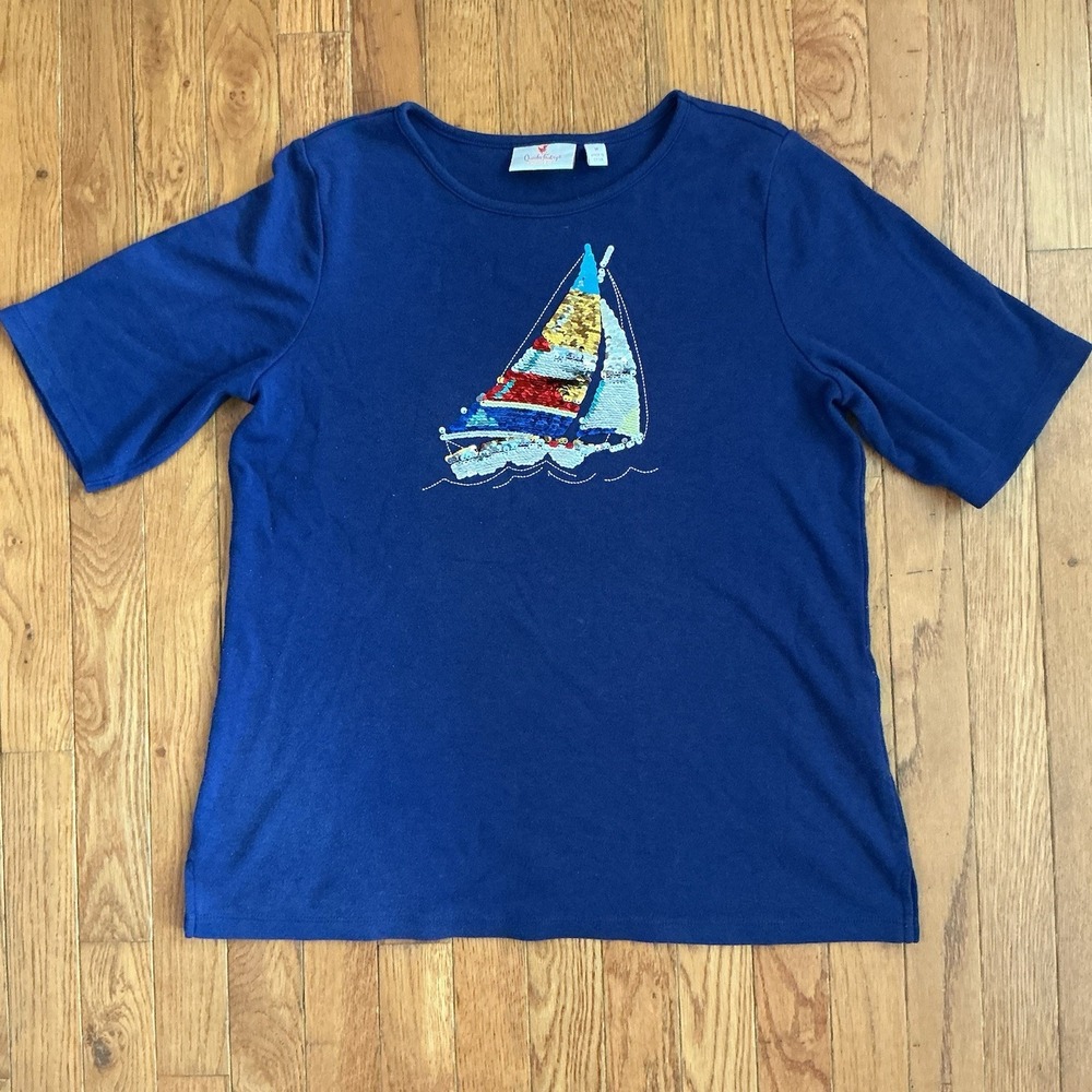 Quacker Factory Women's Navy Blue Short Sleeve Sailboat Sequins